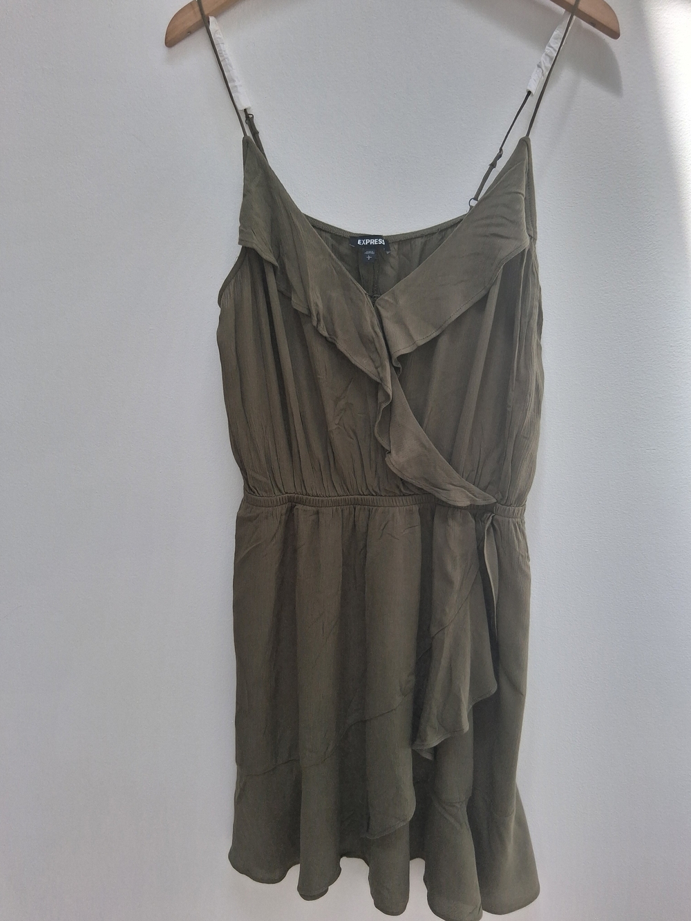 Express Olive Green Wrap Front Ruffle Mini Dress Size Large Feminine Vacation